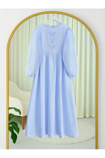 Modamorfo Muslin Dress with Bow Detail on the Front and Elastic Sleeves - Baby Blue