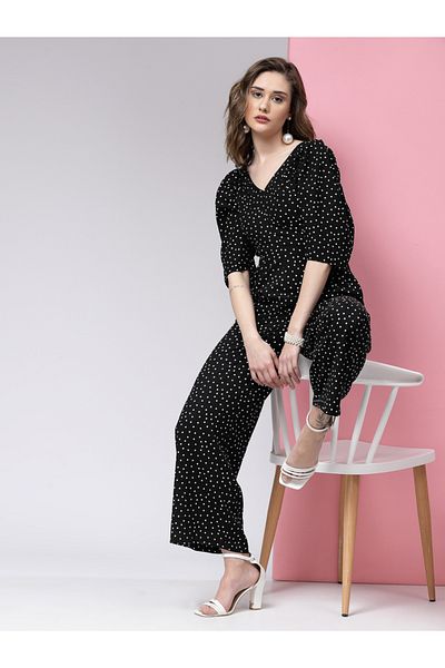 Kassually By Styli Polka Dot Printed V- Neck Cotton Jumpsuit