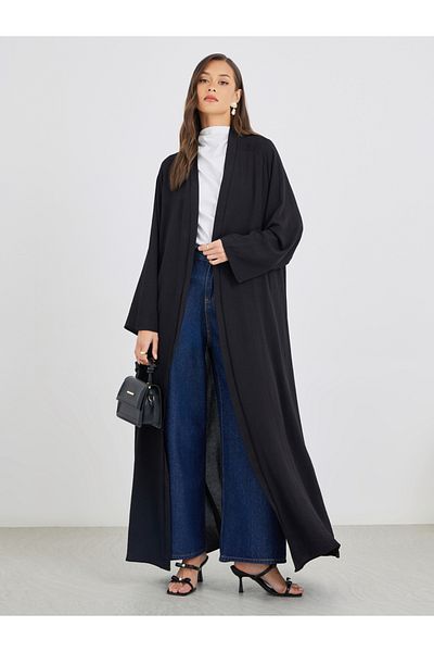 Styli Women Black Crinkled Open Front Abaya
