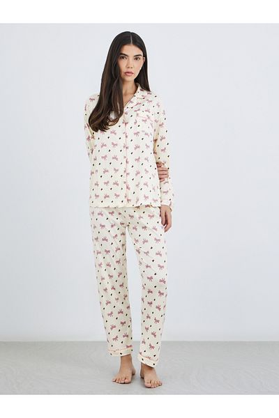 Styli Bowknot Print Cotton Shirt and Pyjama Set