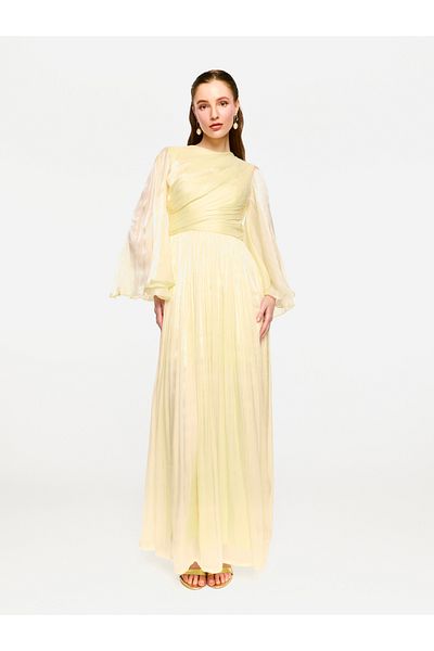 House of Moda By Styli Sheer Cape Sleeves Shimmer Pleated Maxi Dress