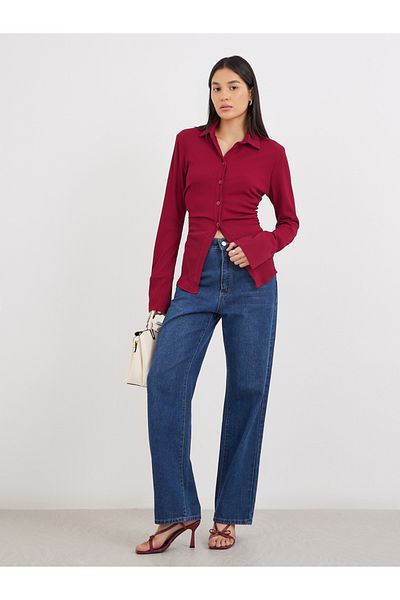 Styli Women Burgundy Ribbed Fitted Longline Shirt