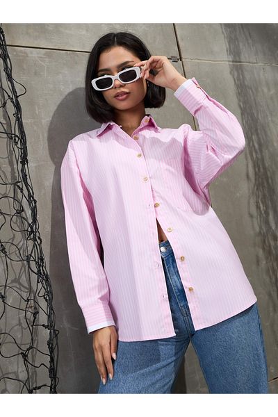 Sassafras By Styli Pink and White Striped Golden Buttons Oversized Shirt