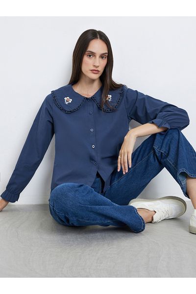Styli Navy Blue Lace Insert Embroidered Detail Long Sleeve Top