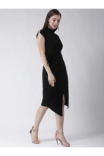 Kassually By Styli Women Black Solid Belted Asymmetric Hem Sheath Knee-Length Dress