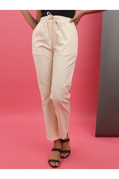 Freehand By Styli Women Cream Regular Fit Pants with Drawstring
