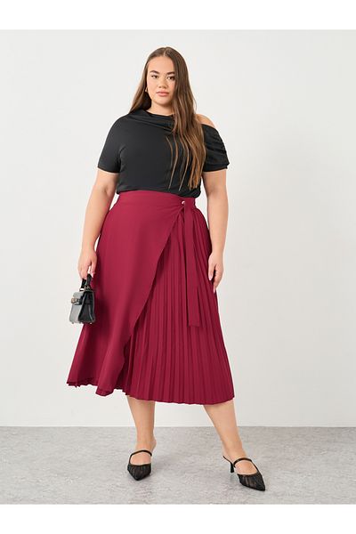 Styli Plus Pleated Midi Skirt with Overlap Detail