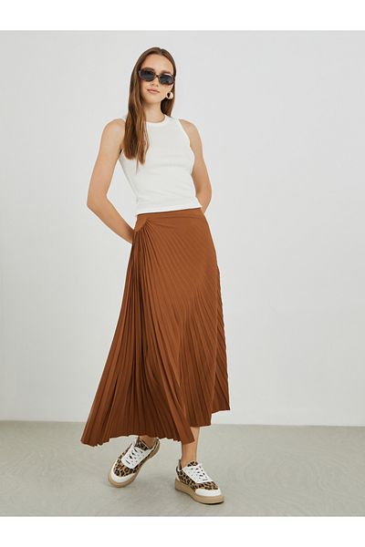 Styli Solid Pleated A-Line Midi Skirt