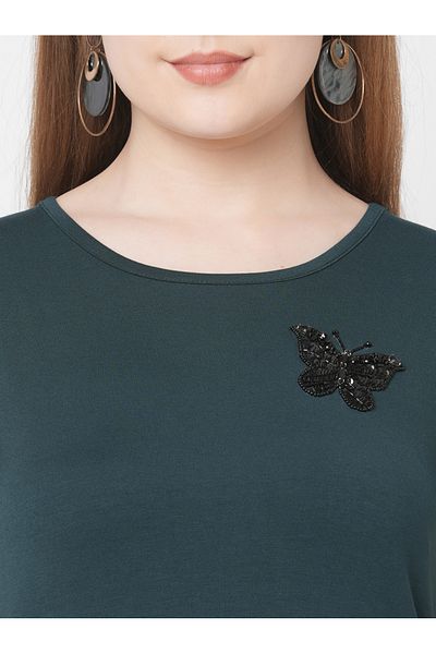 Mish By Styli Women Green Embellished Butterfly Detail Short Sleeve T-Shirt