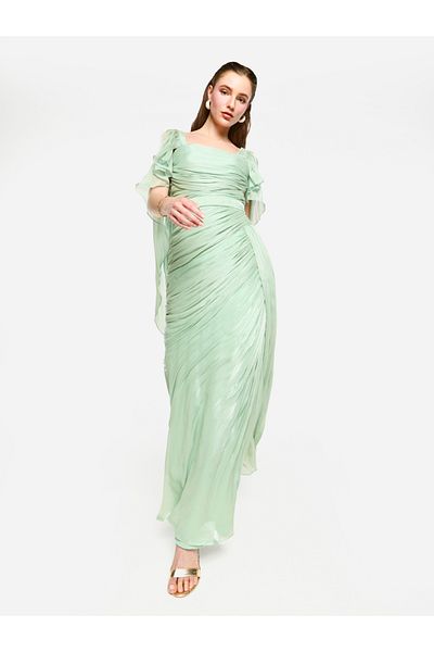 House of Moda By Styli Pleated Cape Sleeves Ruffled Detail Maxi Dress