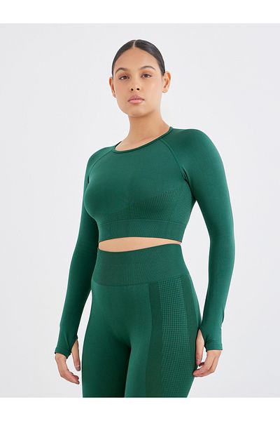 Styli Seamless Tonal Jacquard Long Sleeve Crop Top and Leggings Set
