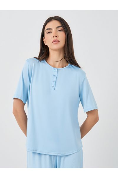 Styli Solid Front Button Short Sleeve T-Shirt and Pyjama Set