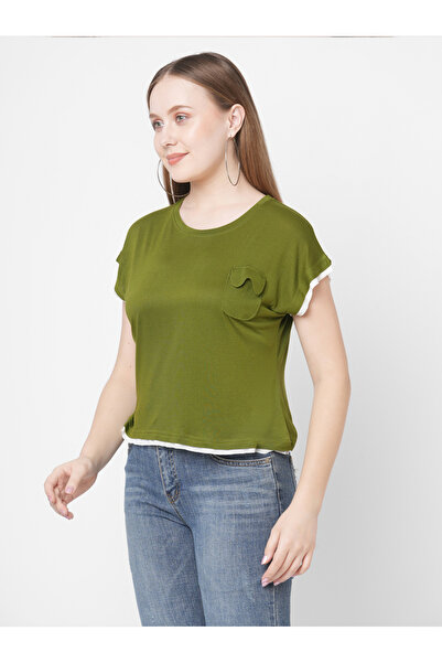 Mish By Styli Women Olive Contrast Trim Short Sleeve T-Shirt with Flap Pocket