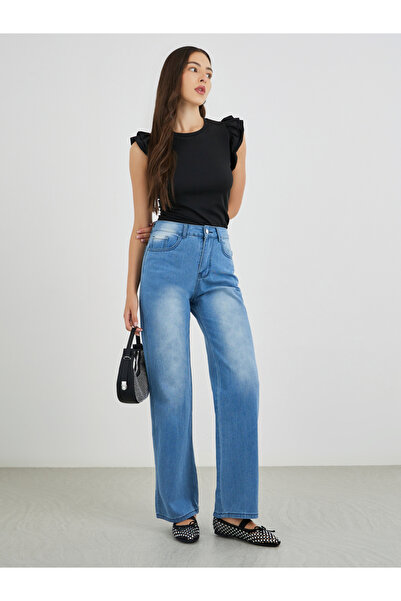 Styli بنطلون جينز نسائي أزرق فاتح متوسط الارتفاع وفضفاض