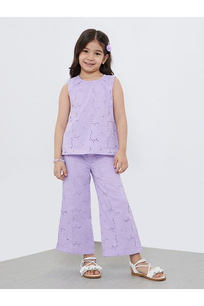 Styli Girls Lilac Schiffli Sleeveless Top and Pants Set