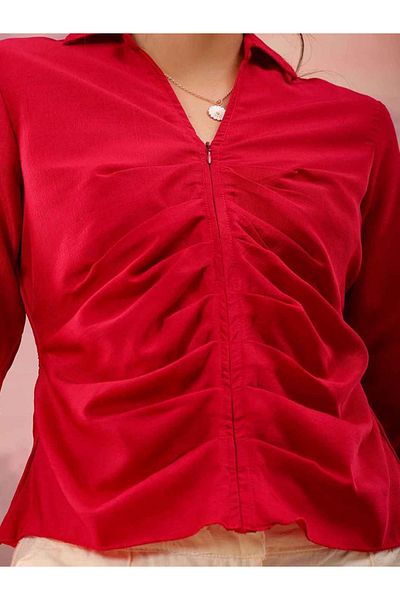 Freehand By Styli Women Red Regular Fit Top with Zip Closure