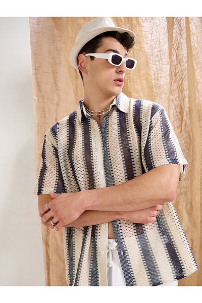 Mascln Sassafras By Styli Men Striped Crochet Relaxed Fit Shirt