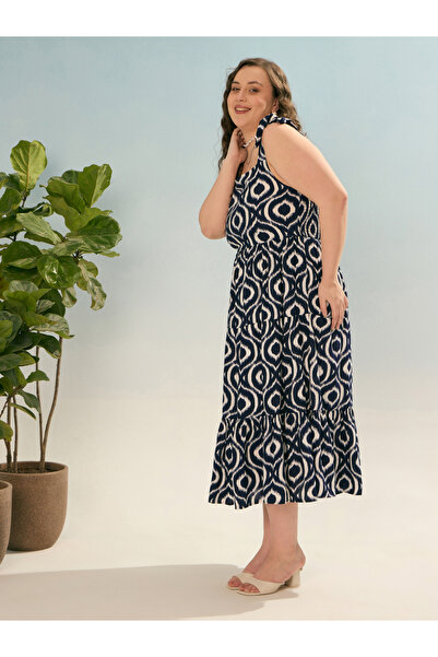 Sassafras By Styli Plus Navy Blue Geometric Tie Up Tiered Dress