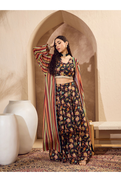 Sassafras By Styli Black Floral Crop Top with Anarkali Skirt and Shrug Co-Ords