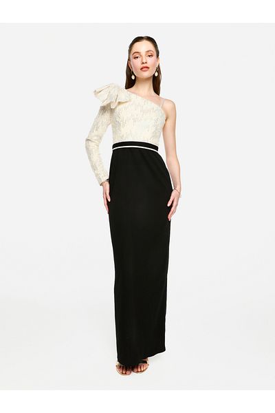 House of Moda By Styli Embellished One Shoulder Bow Detail Two Tone Maxi Dress