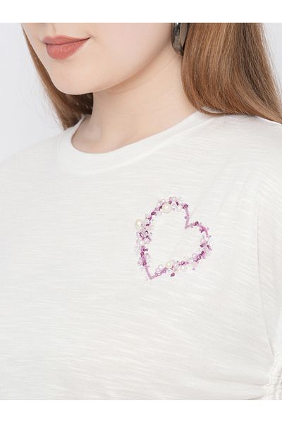 Mish By Styli Women White Embellished Heart Detail Side Drawstring T-Shirt