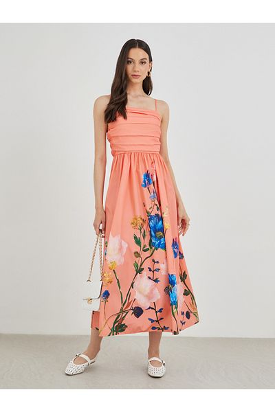 Styli Floral Print Pleated Detail Strappy Midi Dress
