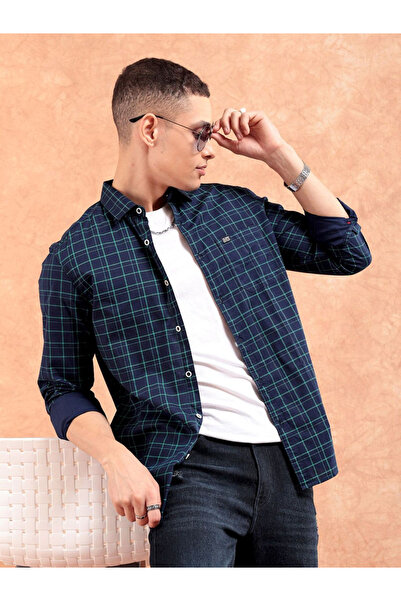 The Indian Garage Co By Styli قميص رجالي كاجوال بقصة ضيقة ومربعات باللون الأز...