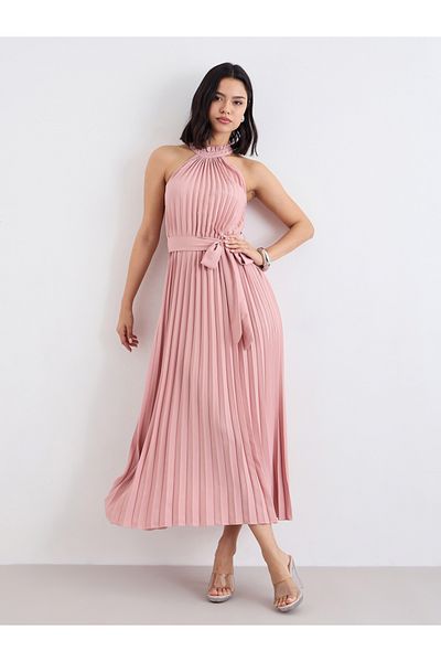 Styli Pleated Halter Neck A-Line Maxi Dress