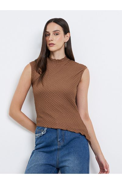 Styli Textured Mock Neck Sleeveless Top
