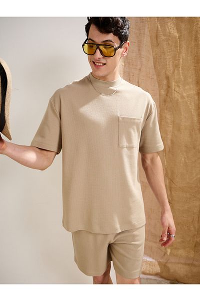 Mascln Sassafras By Styli Men Khaki Waffle Textured Pocket Detail Oversized T-Shirt and Shorts Co-Ords
