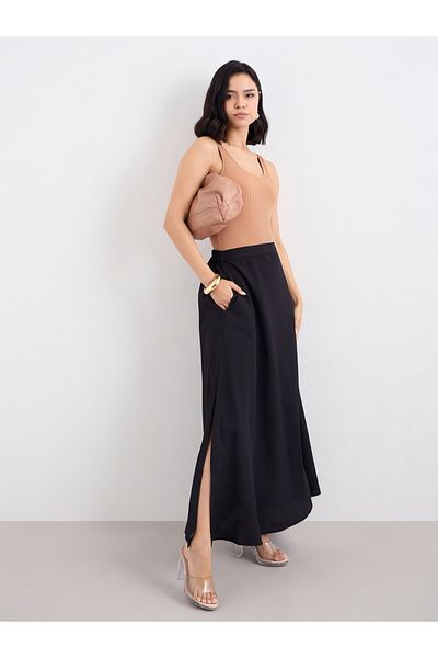 Styli Plain Maxi Skirt with Side Slit Detail