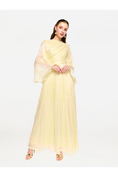 House of Moda By Styli Sheer Cape Sleeves Shimmer Pleated Maxi Dress
