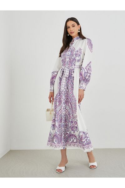 Styli Floral Print Long Sleeve Tie Belt Maxi Dress