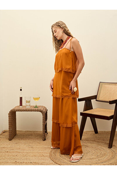 Sassafras By Styli Brown Lace Detail Strappy Tiered Maxi Dress