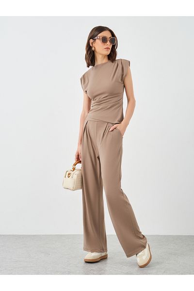 Styli Brown Asymmetric Hem Top and Wide Leg Pants Co-Ords