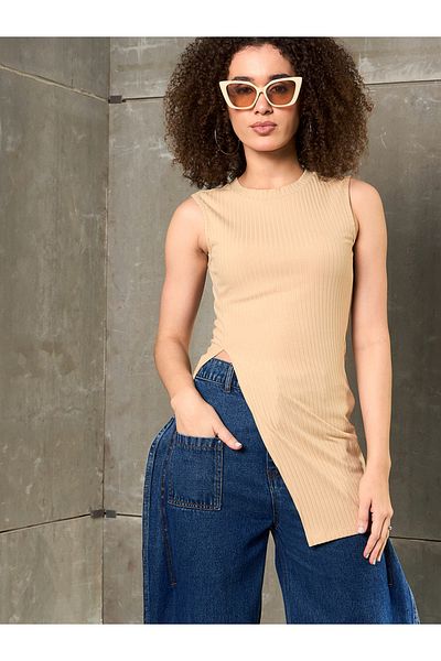 Sassafras By Styli Beige Ribbed Sleeveless Side Slit Top