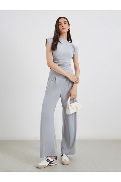 Styli Grey Asymmetric Hem Top and Wide Leg Pants Co-Ords