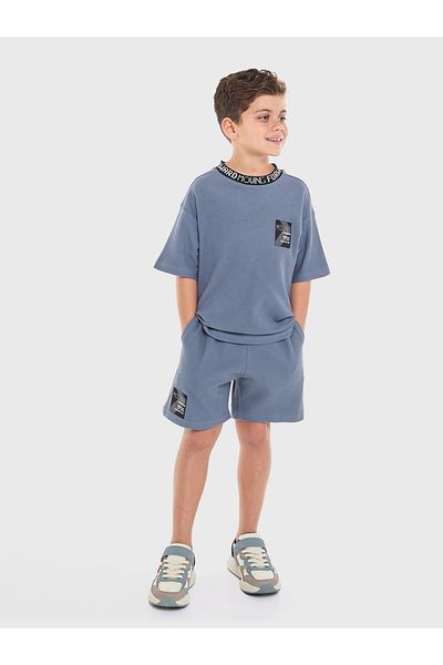 Victor and Jane By Styli Blue Cotton Short Sleeve T-Shirt and Shorts Set