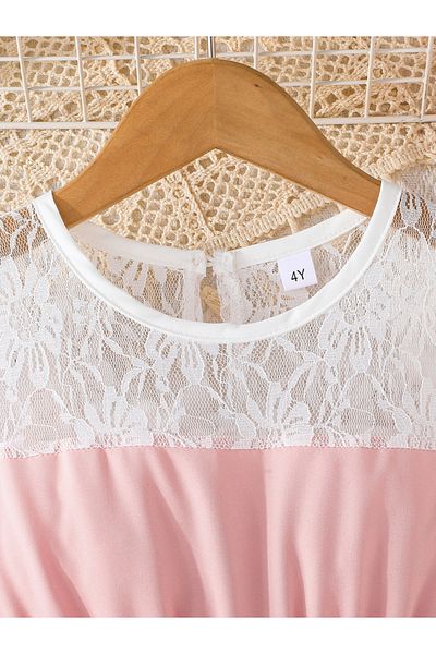 Styli Lace Insert Pleated Dress with Bow Detail