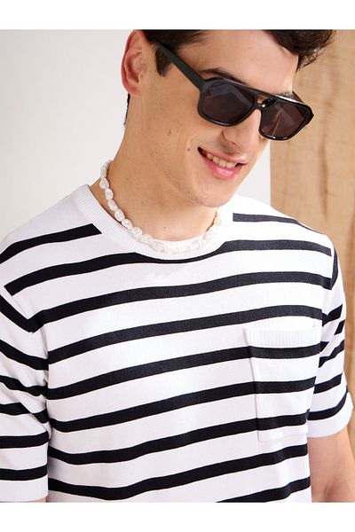Mascln Sassafras By Styli White and Black Striped Premium Knit Chest Pocket T-Shirt