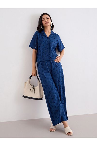 Styli Women Navy Blue Schiffli Shirt and Pants Co-Ords