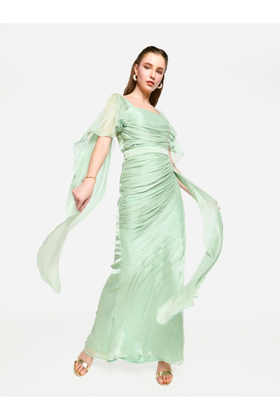 House of Moda By Styli Pleated Cape Sleeves Ruffled Detail Maxi Dress