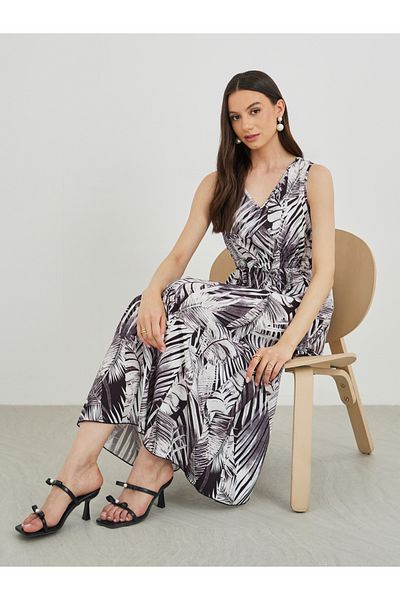 Styli Floral Print V-Neck Sleeveless A-Line Midi Dress