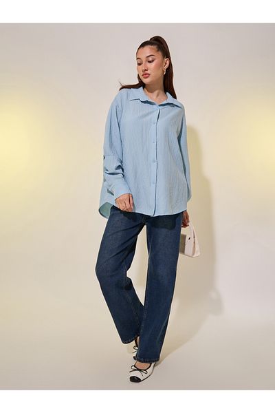 Styli Blue Textured Longline Shirt with Spread Collar