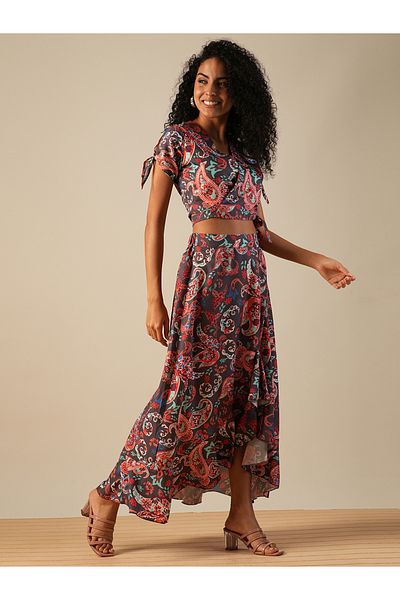 Globus By Styli Paisley Print Crop Top and Ruffled Maxi Skirt Co-Ords