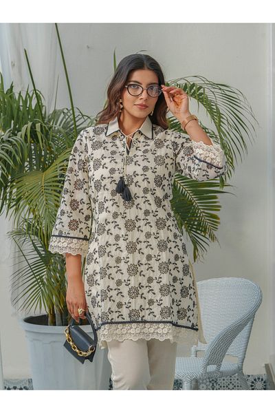 DW By Styli Floral Embroidered Shirt Collar Pure Cotton Tunic and Trousers Co-Ords