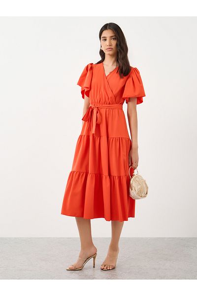 Styli Short Sleeve Bow Detail Tiered A-Line Midi Dress
