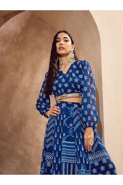 Sassafras By Styli Blue Floral Print Wrap Crop Top with Anarkali Skirt Co-Ords