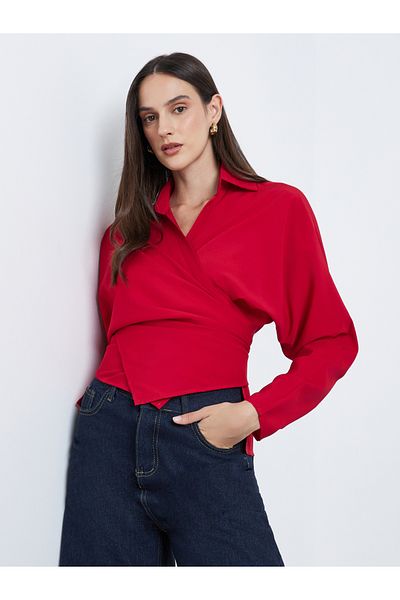 Styli Solid Collared Long Sleeve Wrap Top