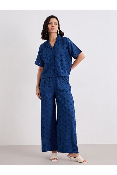 Styli Women Navy Blue Schiffli Shirt and Pants Co-Ords